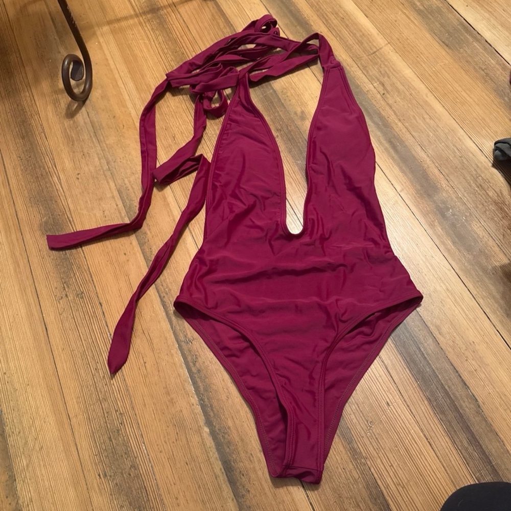 SHEIN Maroon Deep V Halter One-Piece Swimsuit Size M (8–10) Like New